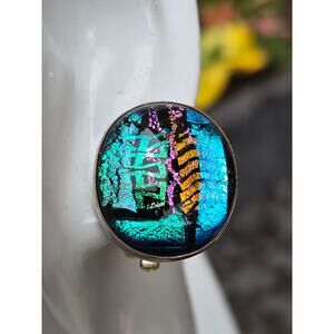 Vintage ORLY Lindsey Sterling Silver and Dichroic Fused Glass Clip On Earrings